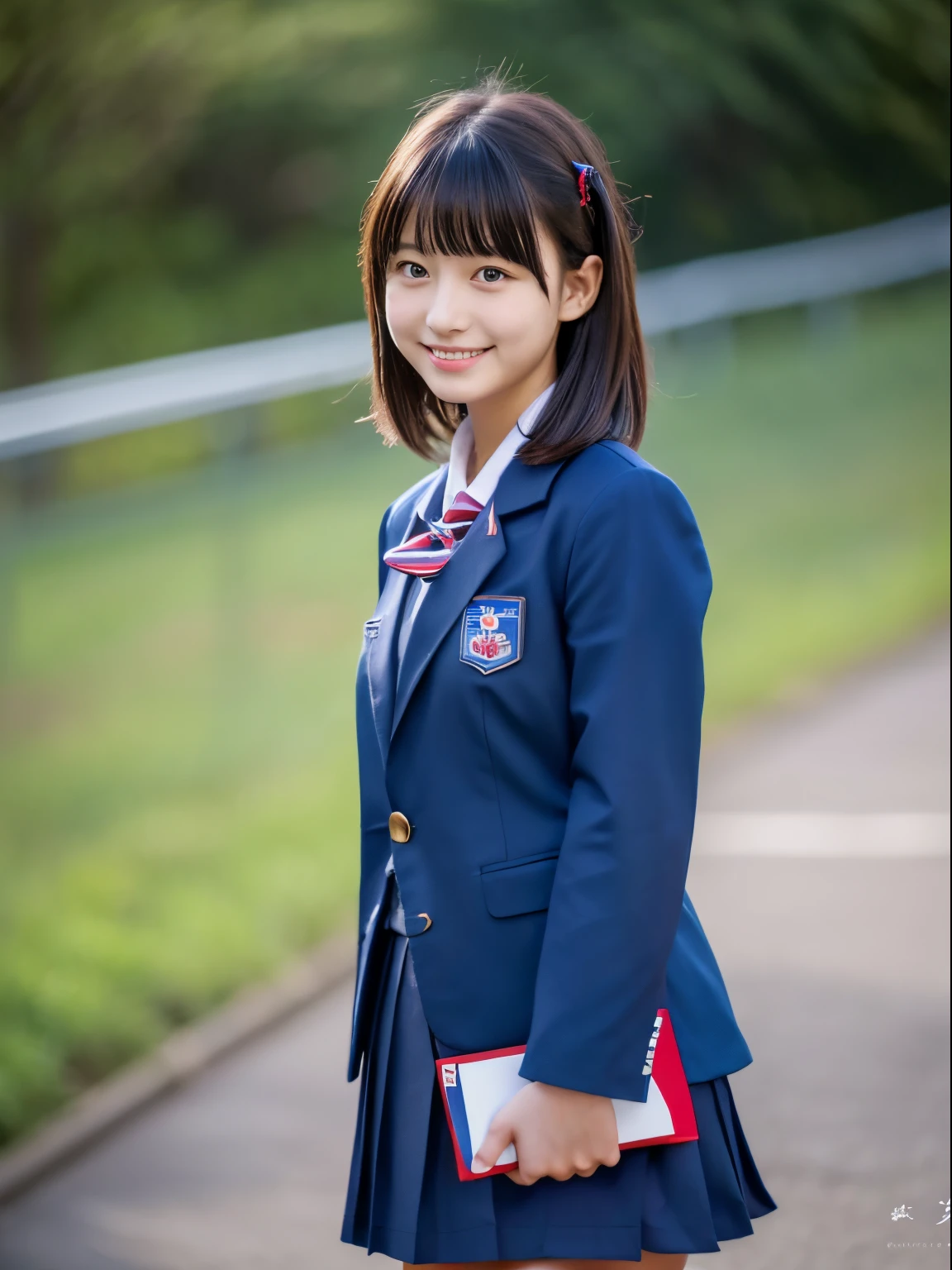 ((Masterpiece)), 8k, highest quality, 1 girl, solo, beautiful face, gentle expression, realistic, cute, dark blue blazer uniform, dark blue short skirt, crimson ribbon, (Japanese high school girl) , Smile, ((Looking at camera)), Shoulder-length hair, Hair waving in the wind, (Full body),