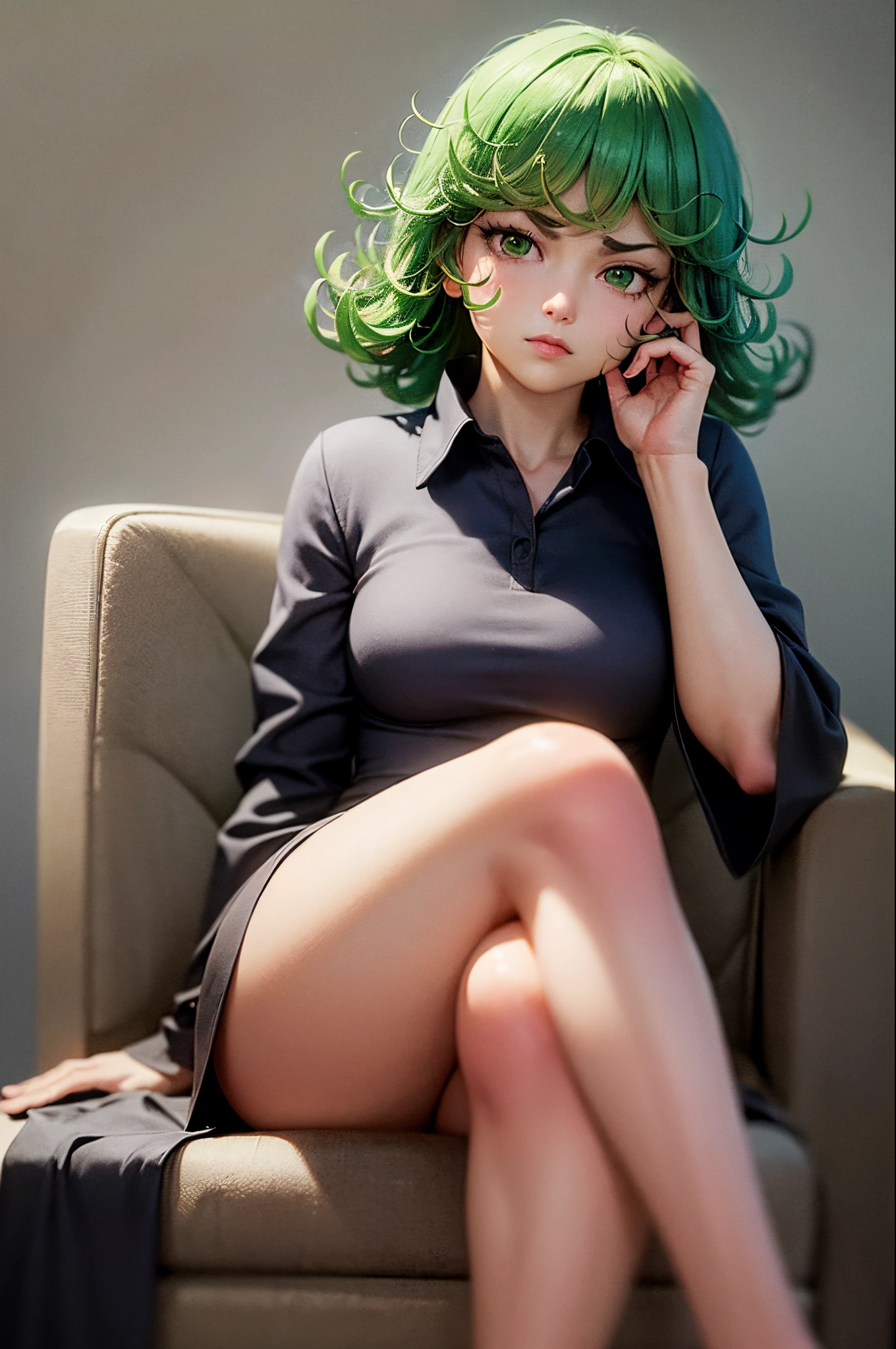 (masterpiece, best quality:1.2), solo, 1girl, tatsumaki, unamused, closed mouth, looking at viewer, hand on own face, sitting, crossed legs,black short dress