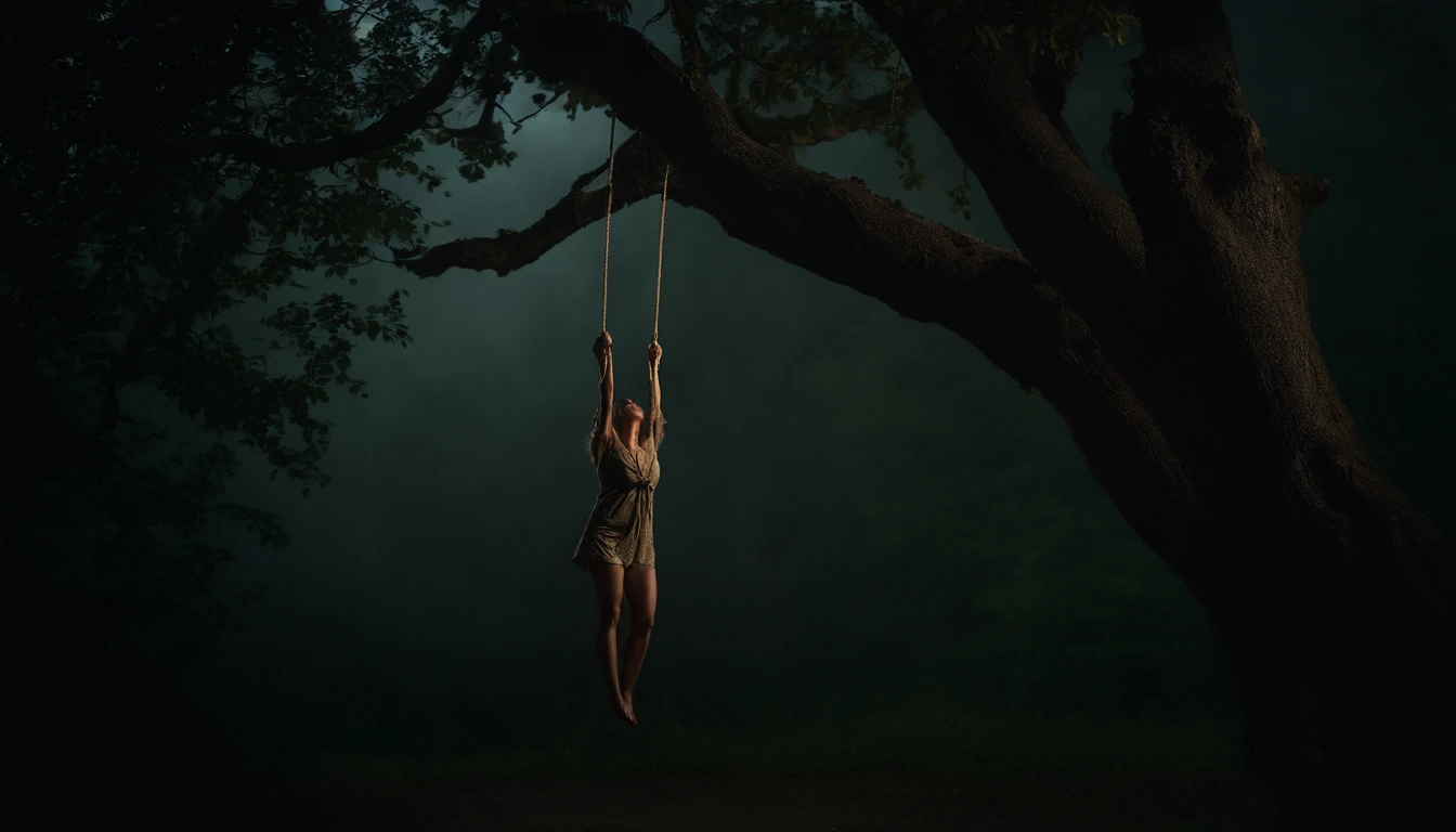underboob))) (((a swing hanging from the tree))) (((the gir