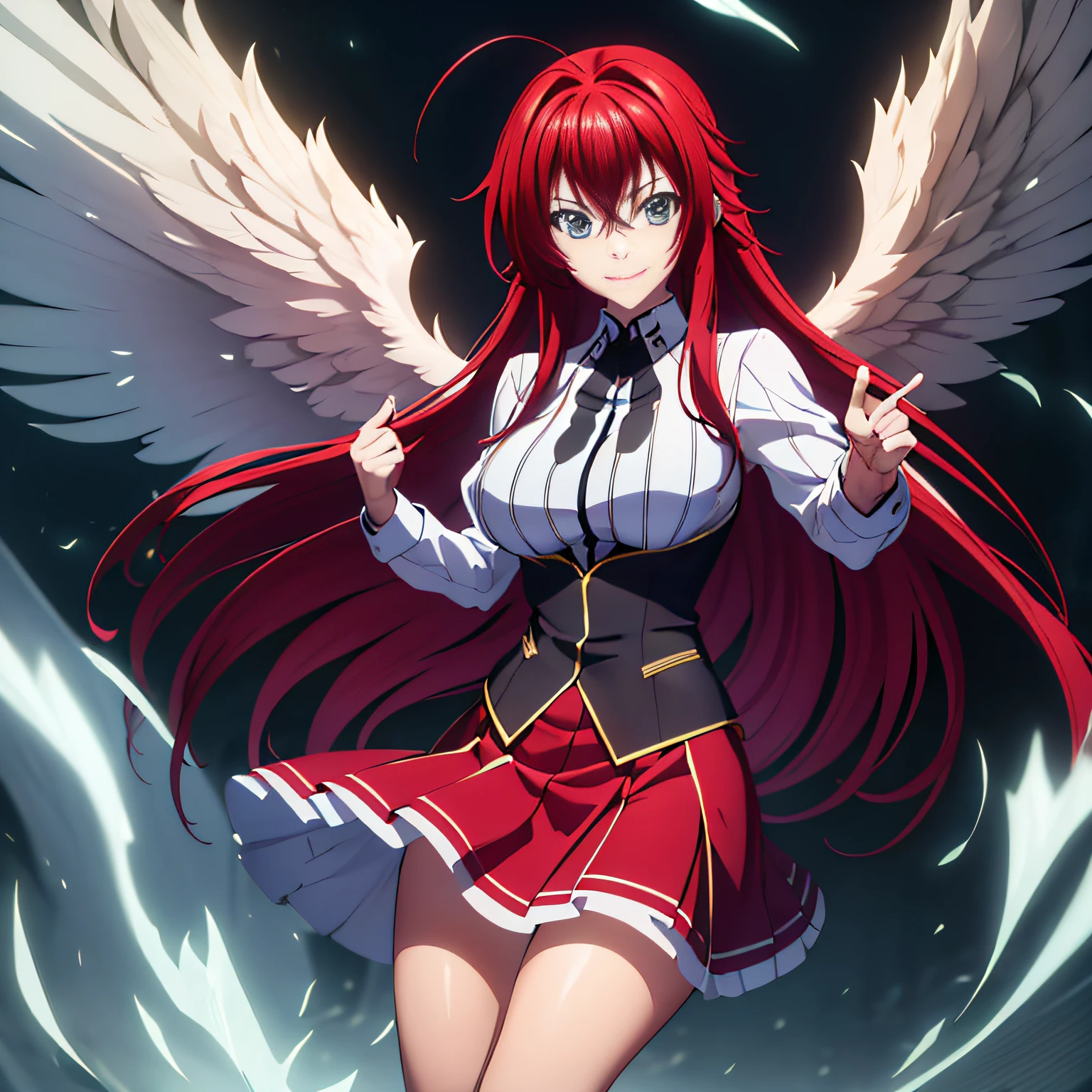 (((image parfaite))), (absurdités), 1fille, seulement, Rias Gremory, Uniforme scolaire, jupe rouge, regarder le spectateur, Ils sourient, ange, ange wings, Halo