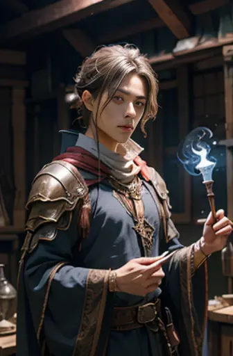 Sorcerer、Fantasy costume,a sorceress、a handsome man、magic glowing wand、research institute