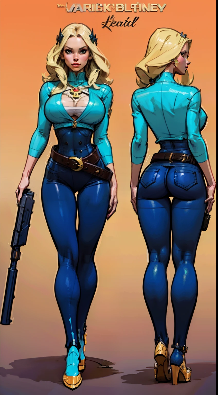 A drawing of two women in blue outfits with guns - SeaArt AI