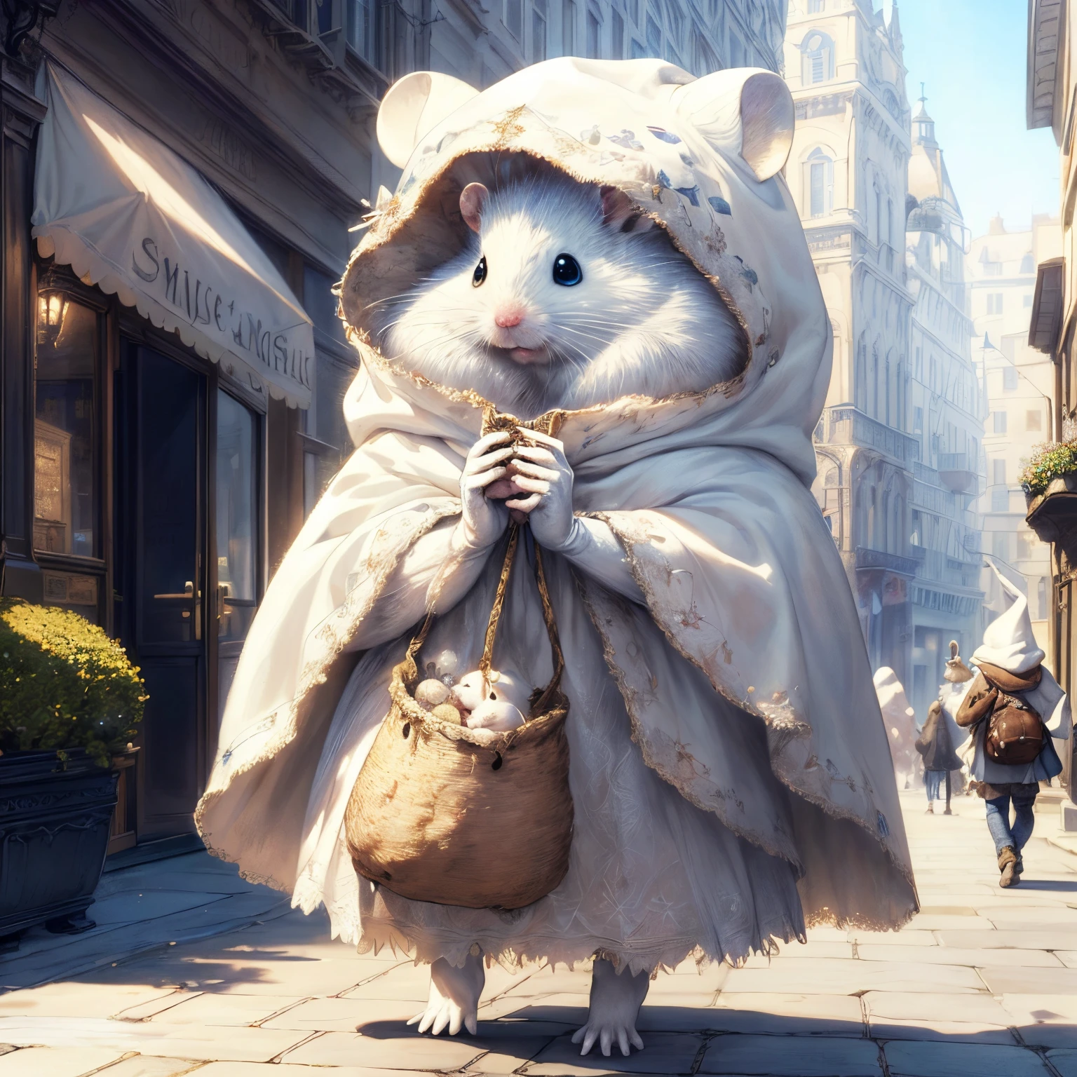 (Best quality at best,A high resolution:1.2),Beautiful masterpiece:1.2,  Cu73Cre4ture, White hamster wearing a cloak,Carrying a bag, Put on your headphones，Have an exciting adventure on the busy streets，Fantasy aesthetics, The content is very detailed, shadow poetry style