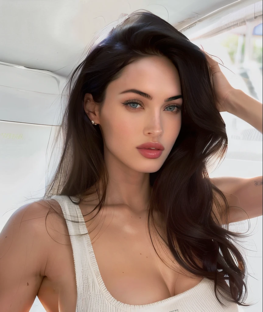 A close up of a woman with long hair wearing a white tank top - SeaArt AI