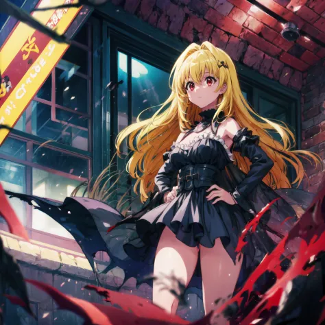 Yami the Golden Darkness wearing black battle dress with silver accents, hands on hips,1girl, messy long yellow hair, cute red e...