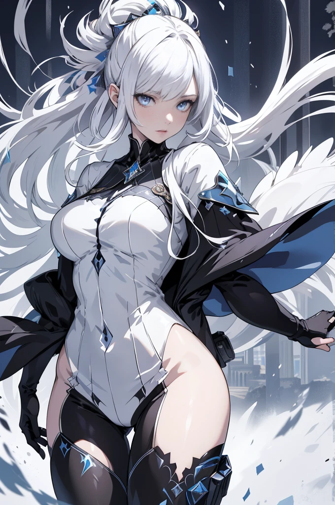 masterpiece, best quality, beautiful clean face, Super-detailed eyes, shining pupils, fullbody, 1 girl, white hair, long hair, Slender, fashioned like a character in a fantasy game, dressed like a game adventurer, blue clothing, with a graceful appearance, extreme detailed city, 8k, ultra detailed, (hyper realistic:1.4)