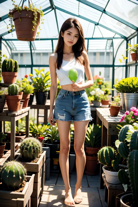 Girl holding balloon in hand, In the greenhouse, There are many potted cacti in the greenhouse..