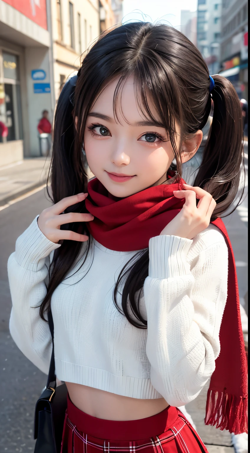 ((best quality, 8K, masterpiece)), ultra detailed, sharp focus, 1 cute girl, (small breasts), (white cropped sweater), ((red scarf)), ((checkered mini skirt)), highly detailed face and skin texture, ((detailed eyes)), ((beautiful eyes:1.2)), (smile:1.15), (twintails), ((three-quarter length)), winter city