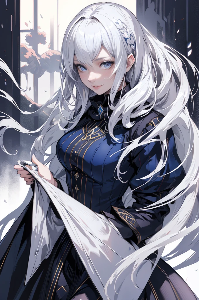 masterpiece, best quality, beautiful clean face, Super-detailed eyes, shining pupils, fullbody, 1 girl, smile, white hair, long hair, Slender, fashioned like a character in a fantasy game, dressed like a game adventurer, blue clothing, with a graceful appearanc, 8k, ultra detailed, (hyper realistic:1.4)