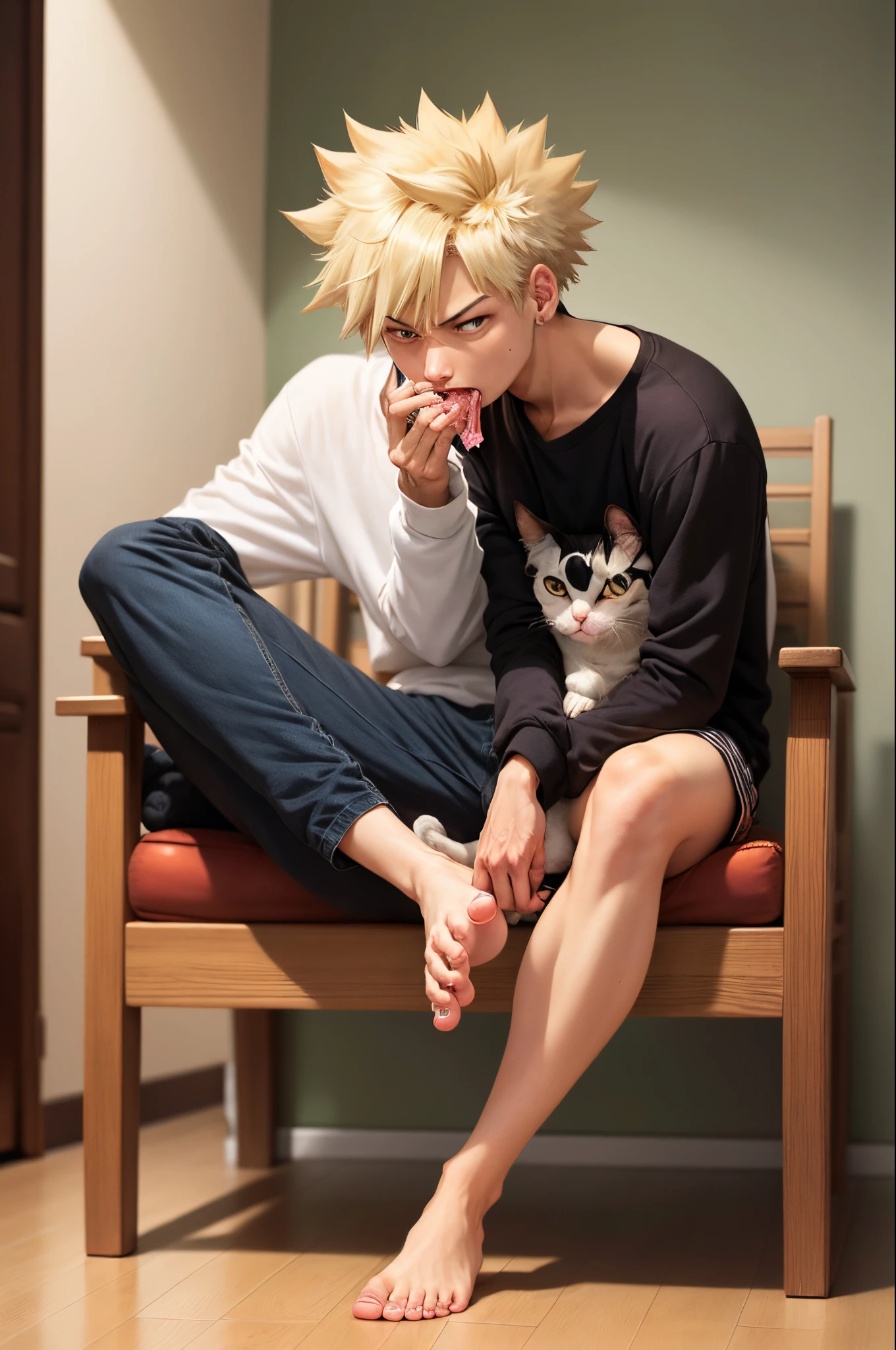 Anime - style photo of a man with a cat on his lap - SeaArt AI