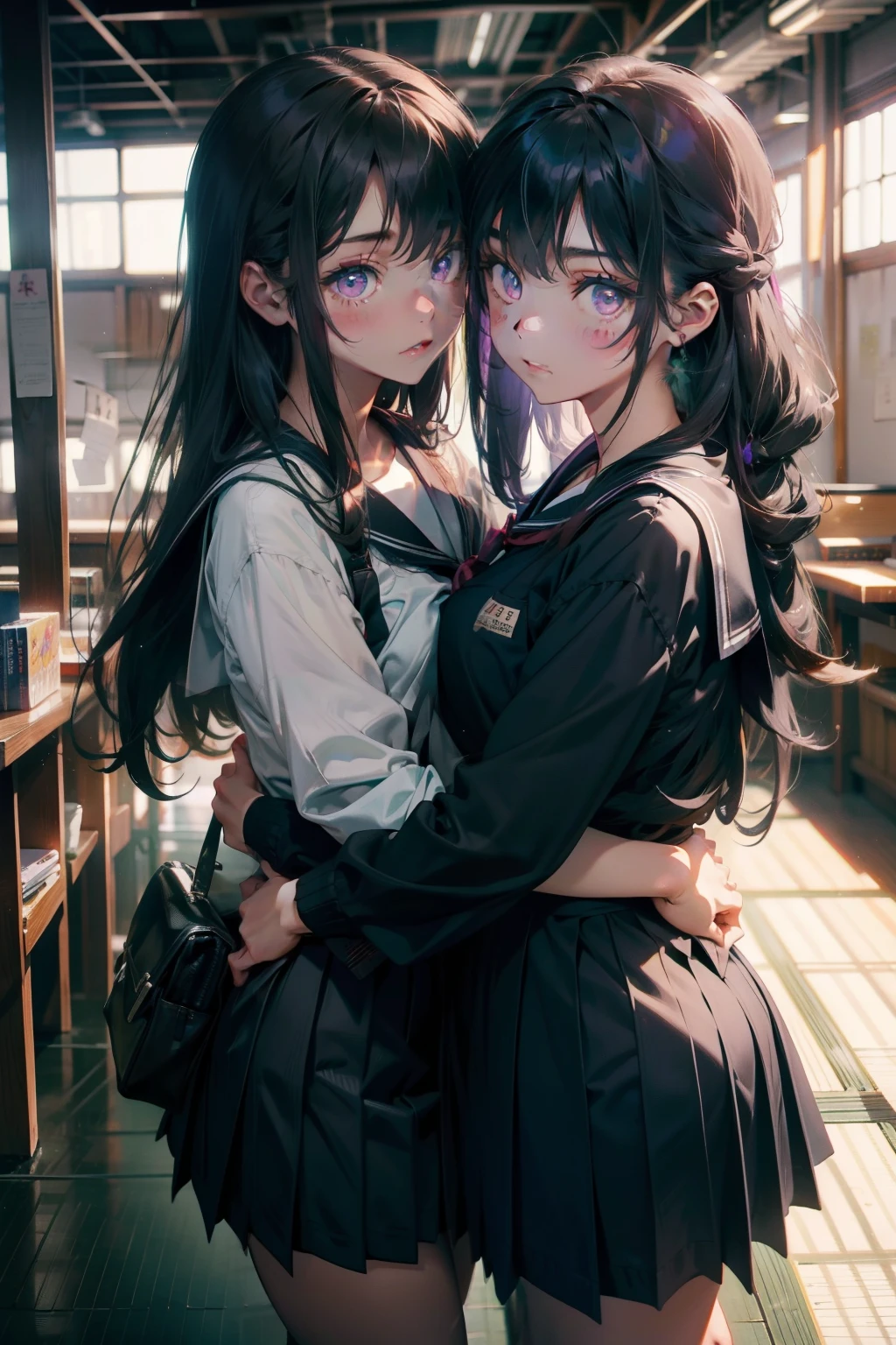 Two girls hugging each other, One has long black hair......., Purple eyes..., The other has long ash-gray hair......., Green eyes..., High quality, a couple , Girls love girls............., Yuri ,beautiful  Girl, lesbian, Lovers ,. Koi., . expression of love. Lovers. date. , a hyperrealistic schoolgirl, Japan school uniform, japanese high school, japanese girl school uniform, a hyperrealistic schoolgirl, of a schoolgirl posing, wearing japanese school uniform, Cute Schoolgirl，