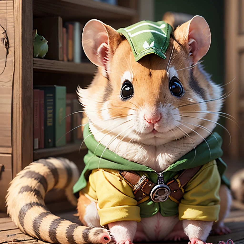 There is a hamster that is wearing a green hat and jacket - SeaArt AI