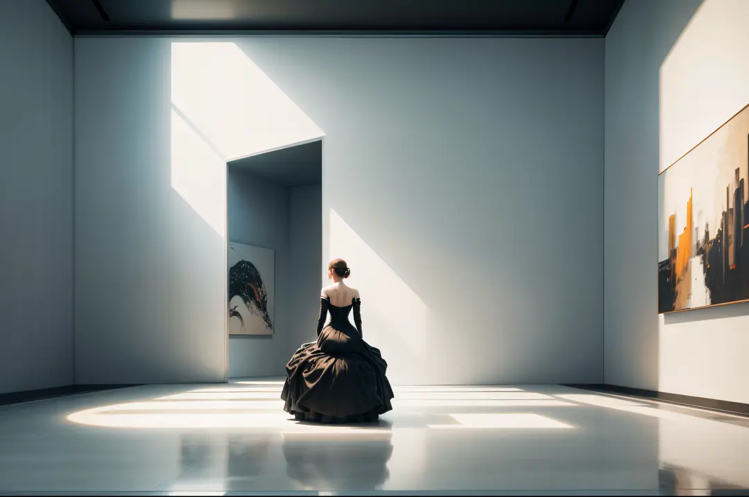 Depicting a modern art museum exhibition wall，There are paintings on the walls，There is an open door on the wall，See the space behind through the door，A woman in a custom-made suit sits in the middle，posing elegantly，Museum of Modern Art，The art of parting...