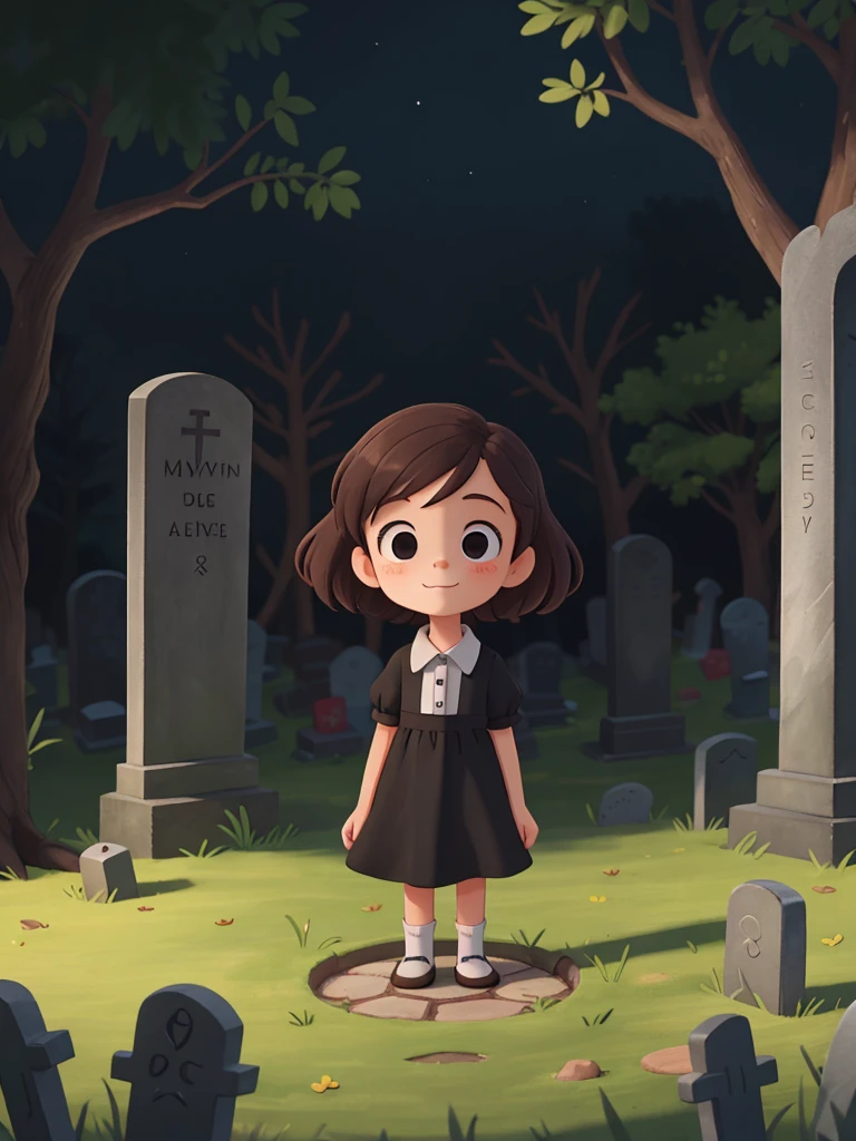 süßer kleiner Friedhof, 1 Mädchen, trägt ein schwarzes Kleid mit weißem Kragen, weiße Socken, auf dem Friedhof spielen, nahe