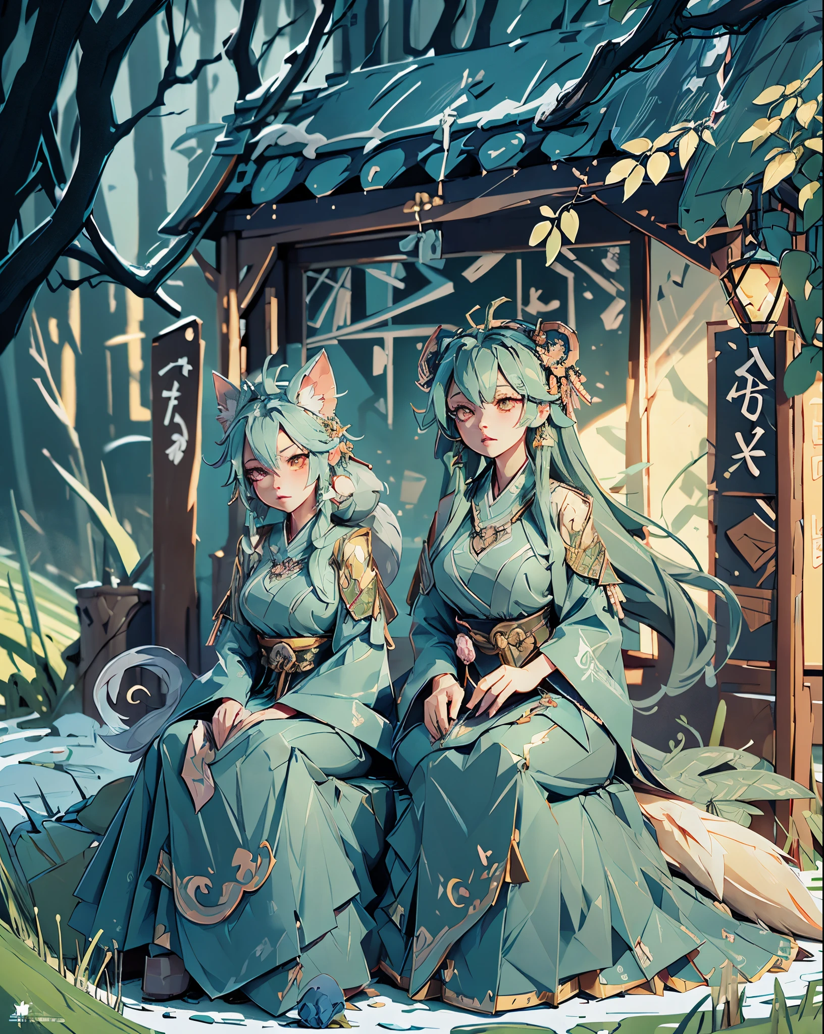 Lazy, A girl and a green-haired fox layying on a branch:1.1, Large breasts, Raised sexy, seductive, ethereal fox, nine tail fox, Fox three-tailed fox, Onmyoji detailed art, Nine tails, A beautiful artwork illustration，mythological creatures, green hanfu, Inspired by the mythical creature wildnet，Digital art on Pixiv, strong lights, high contrast, Horror movie theme, Dark atmosphere, The art of fine arts, Perfect visual composition.