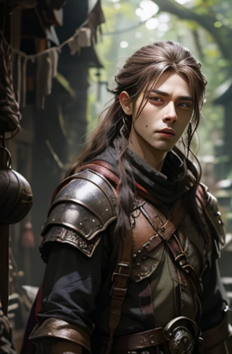 Handsome men ,RPG、Small eyes、tied up long hair、fantasy style clothing、glowing wand