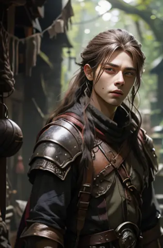 handsome men ,rpg、small eyes、tied up long hair、fantasy style clothing、glowing wand