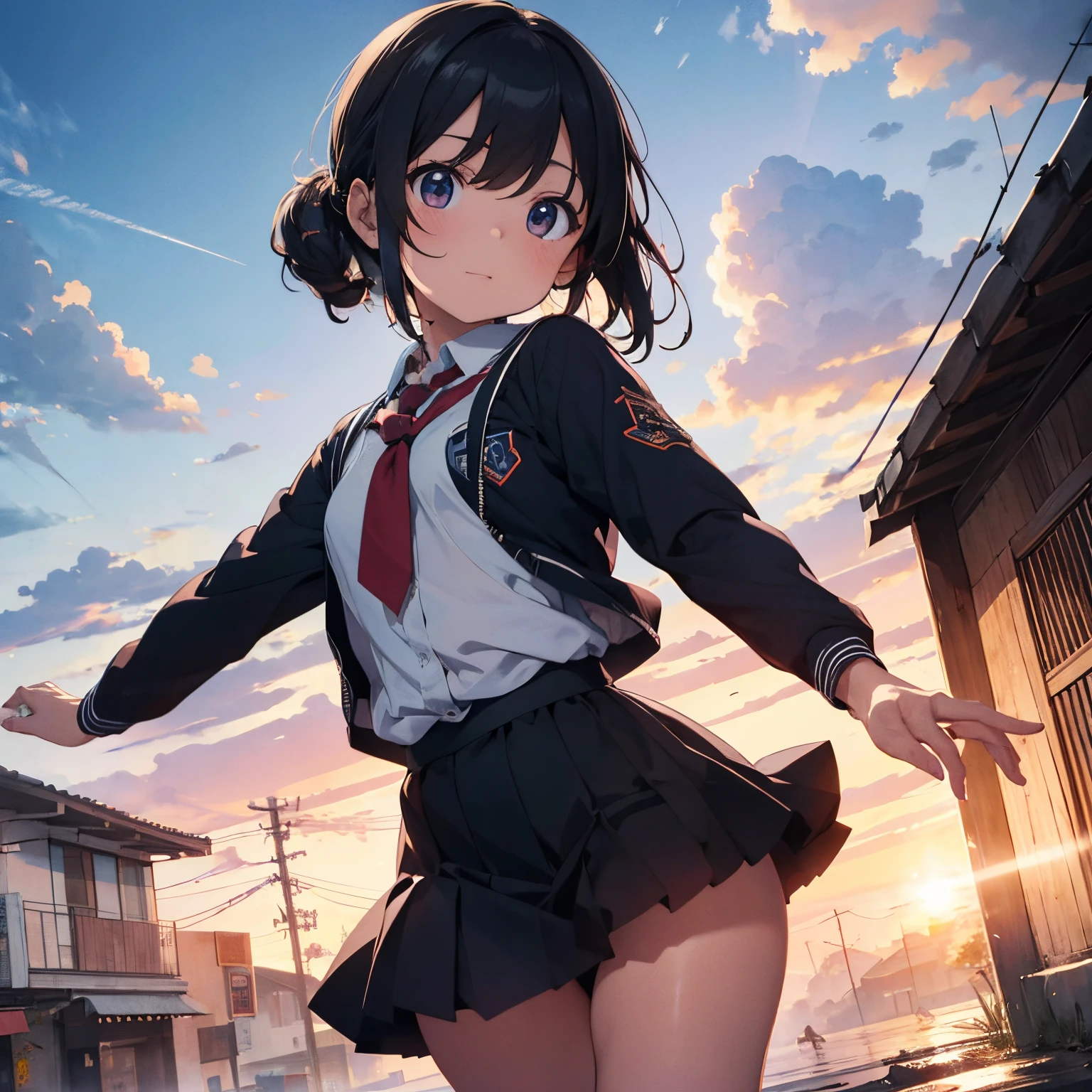 Anime girl in school uniform standing on a street with her arms  outstretched - SeaArt AI