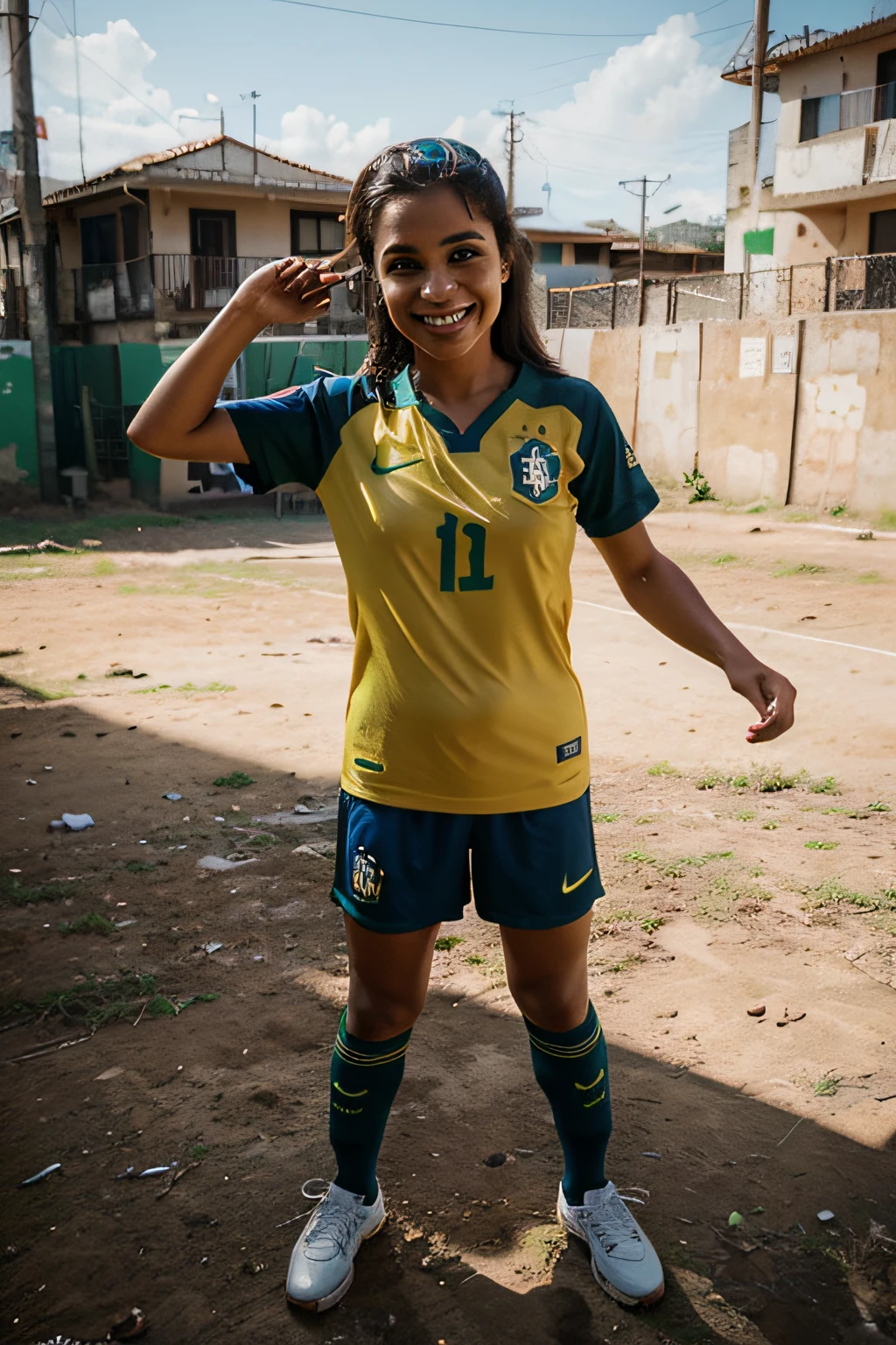 Corrija detalhes do rosto, enhancing the smile and correcting the look. correct the uniform by correctly applying the emblem of the Brazilian team.
