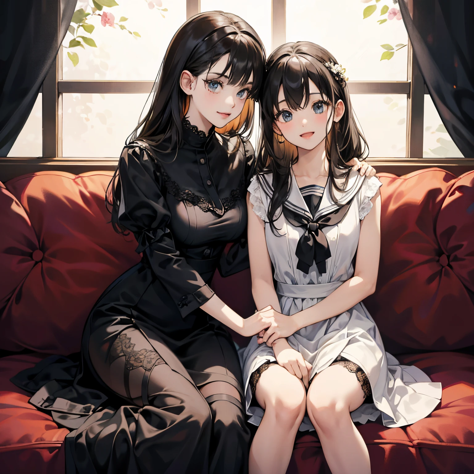 Anime girls sitting on a couch with their arms around each other - SeaArt AI