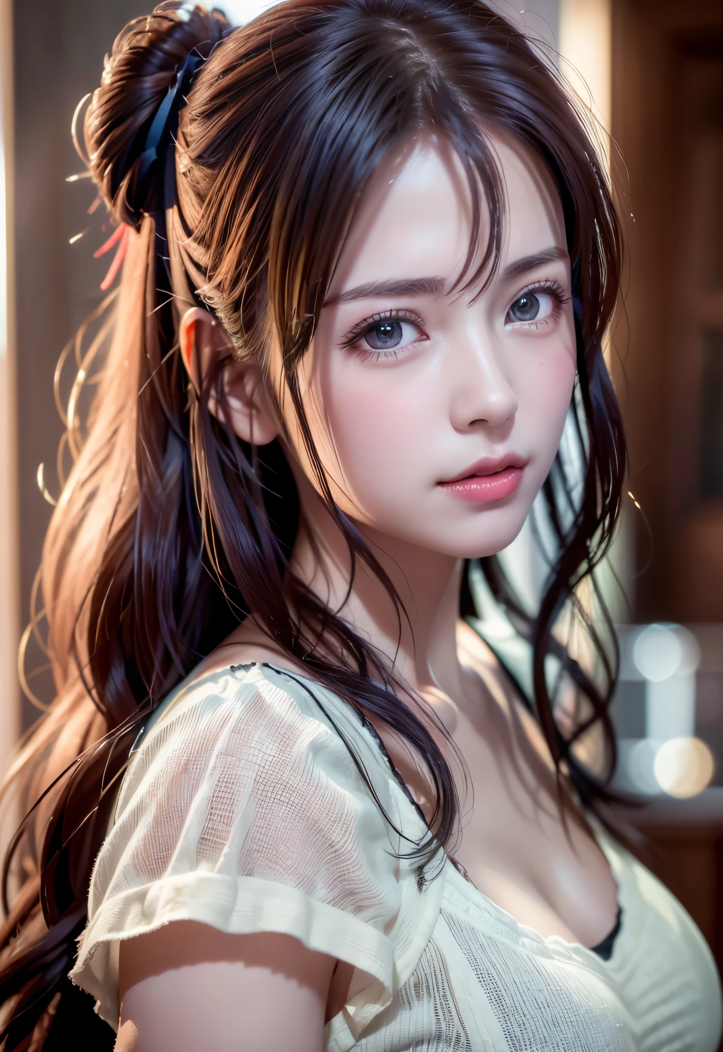 8K, of the highest quality, masutepiece:1.2), (Realistic, Photorealsitic:1.37), of the highest quality, masutepiece, Beautiful young woman, Pensive expression, Gentle eyes, Cute Nightgown、full of shyness、Hair tied back, Messy mood, Cinematic background,  Light skin tone
