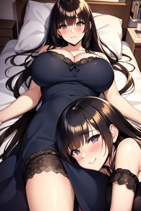 Best quality, tmasterpiece,2girls sex,1boy,huge breasts，blush, black long hair, blue dress with white lace, bitch_virgin,in the bed