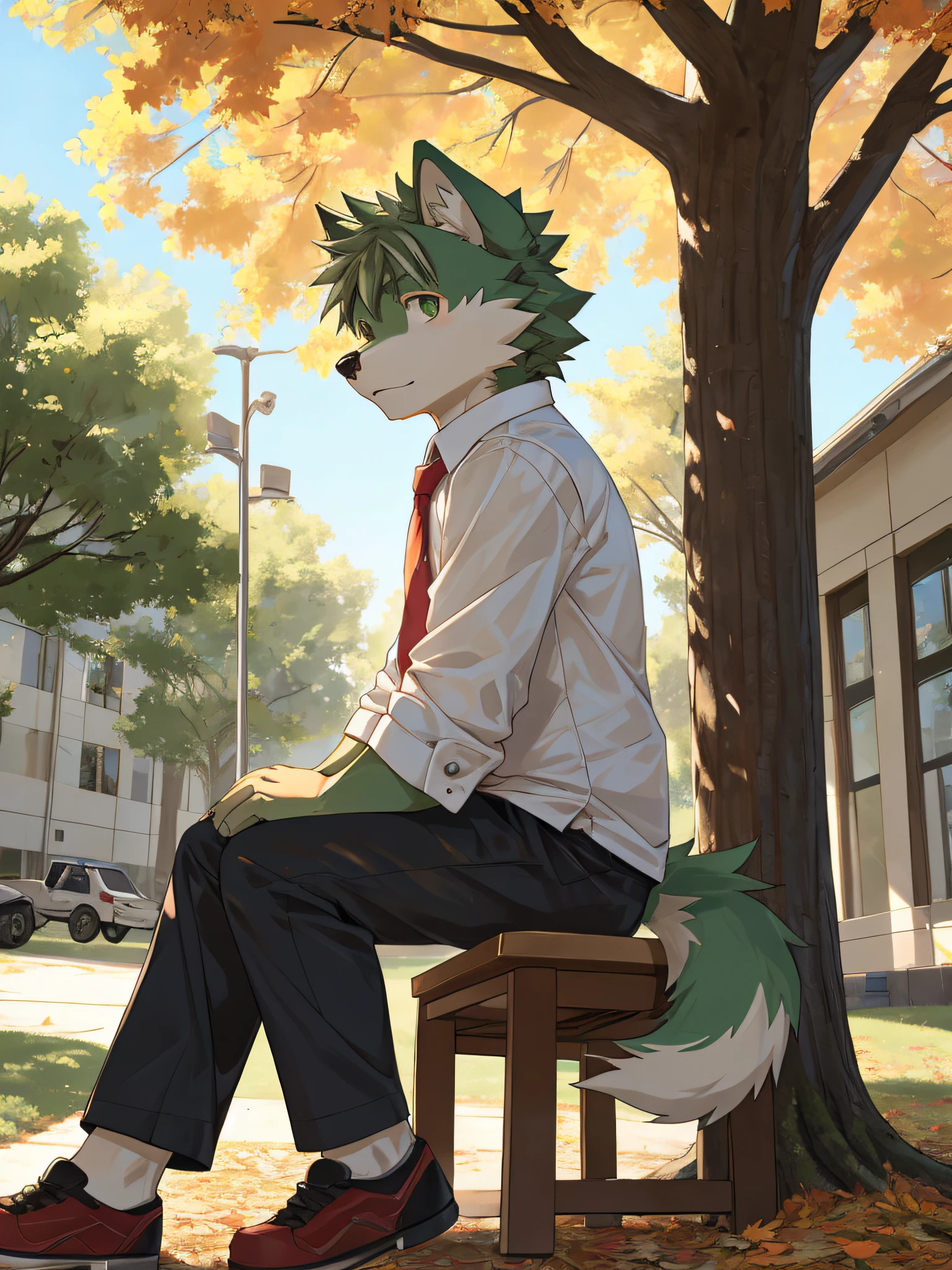 Anime boy sitting on a bench in front of a tree - SeaArt AI