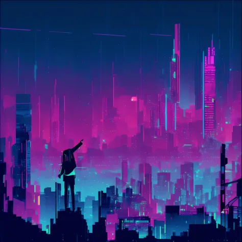 a man stands on a ledge in front of the city skyline, synthwave city, neon city background, cyberpunk artstyle, epic retro wave ...