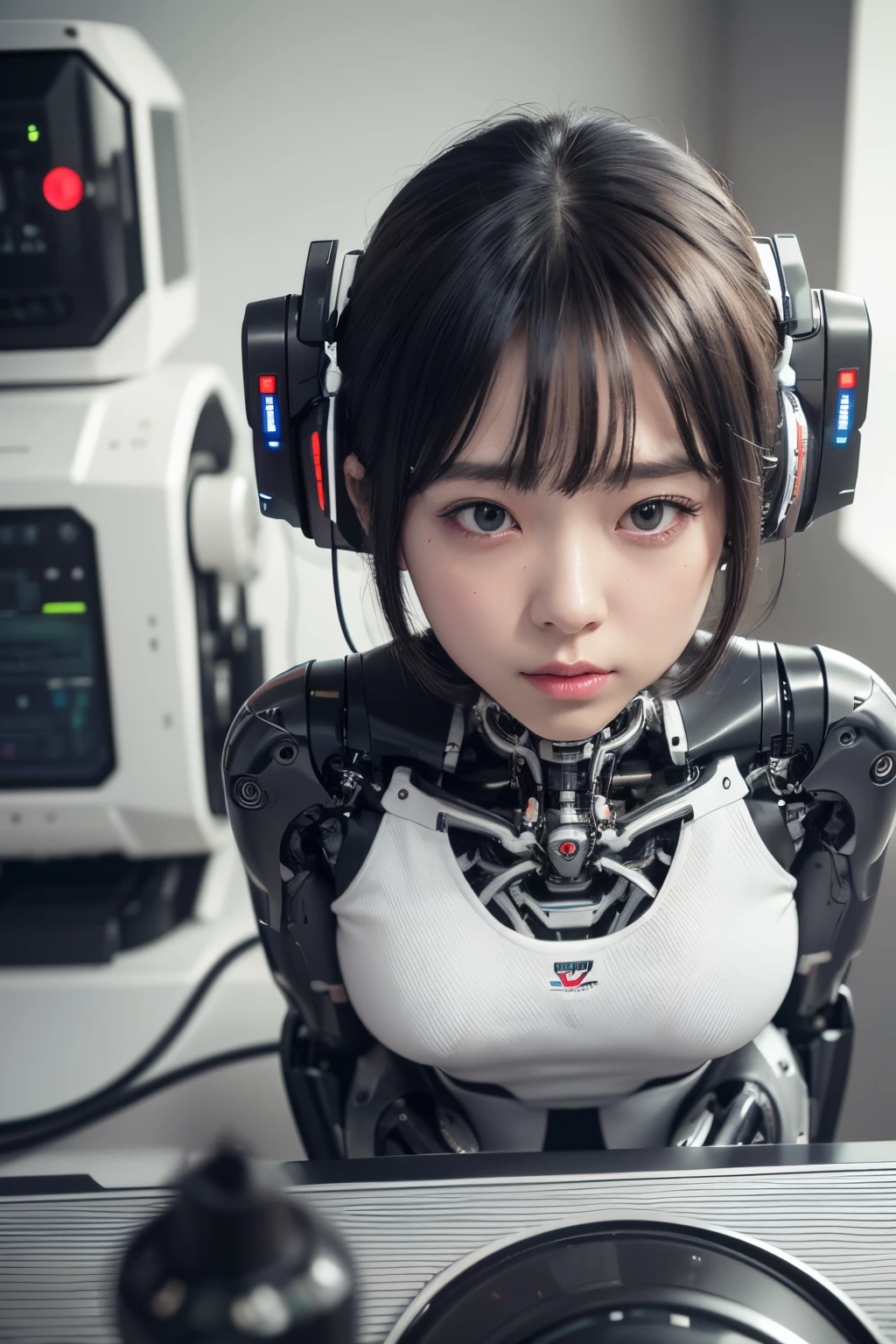 masterpiece, best quality, extremely detailed, (photorealistic:1.4), (RAW photo) (RAW photo) (8K, 4K, Best Quality, hight resolution, 超A high resolution:1.1), (masutepiece, Realistic, Photorealsitic:1.1), 1girl in, Japaese Cyborg Girl,Plump , announcer,control panels,android,Droid,Mechanical Hand, , Robot arms and legs, Black Robot Parts,Black hair,Mechanical body,Blunt bangs,White robotics parts,perfect robot woman,future laboratory,cyber pank,charging spot,laboratory,long tube,thick cable connected her neck,ceramic body ,mechanical body, ear antenna,mechanical ear cover,,short hair,miniskirt, ,platform sneakers,white shirts,miniskirt, eyes rolled back, lose consciousness,android,robot,humanoid,cyborg,ai,promotion model,