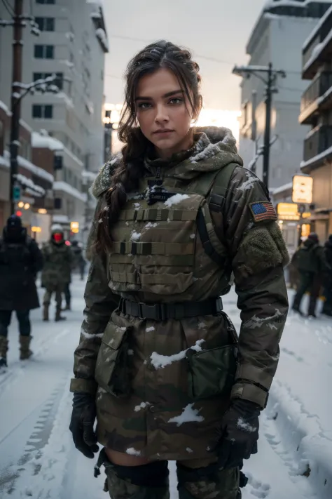 a beautiful brunette soldier girl, wearing winter camo military gear, camo plate carrier rig, combat gloves, ar-15, during a sno...