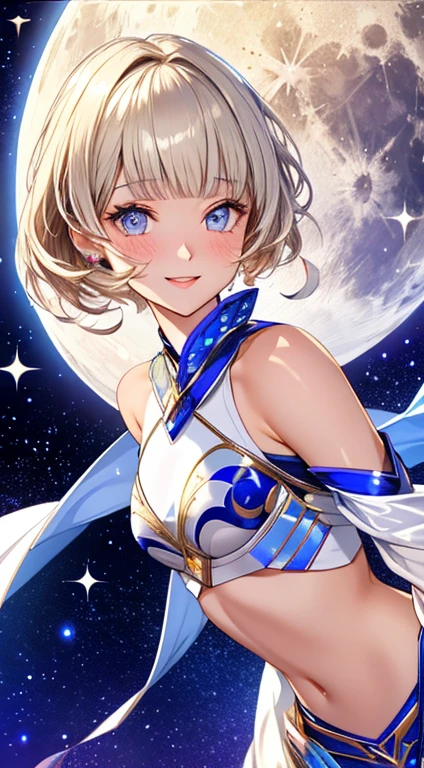 //Personagem 1 garota, princesa da lua, corpo perfeito,   curva fina, rosto ultra detalhado, Super lindo, inocente, linda garota, sobrancelha fina, rosto redondo, rosto brilhante, bochecha corada,  grandes pupilas brilhantes, sorrindo cheio de compaixão, boca meio aberta, beijando rosto, Lindo cabelo curto,  cabelo loiro, franja desgrenhada, 
QUEBRAR
//Moda Princesa de outro mundo Traje complicado com estampa geométrica, Uma tanga com estrelas muito finas brilhando, silver fabric
extra tiny drones  flying around her body
QUEBRAR
in the universe, luz das estrelas ,  efeito brilhante