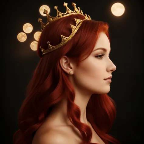 a side view of close up of a woman with a crown on her head, (her hair covered her ears), queen crown on top of her head, venus ...