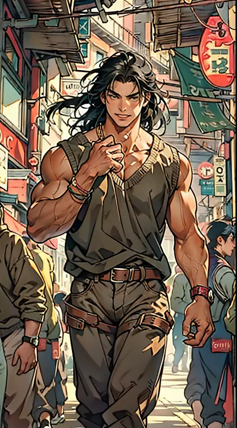 A young man, long black hair, a cheerful smile, thick and arched eyebrows, squinted eyes, brown skin, a sturdy physique, an open plain brown vest, revealing his muscular body, his right hand rests on the back of his head, a loose utility pants, the backgro...