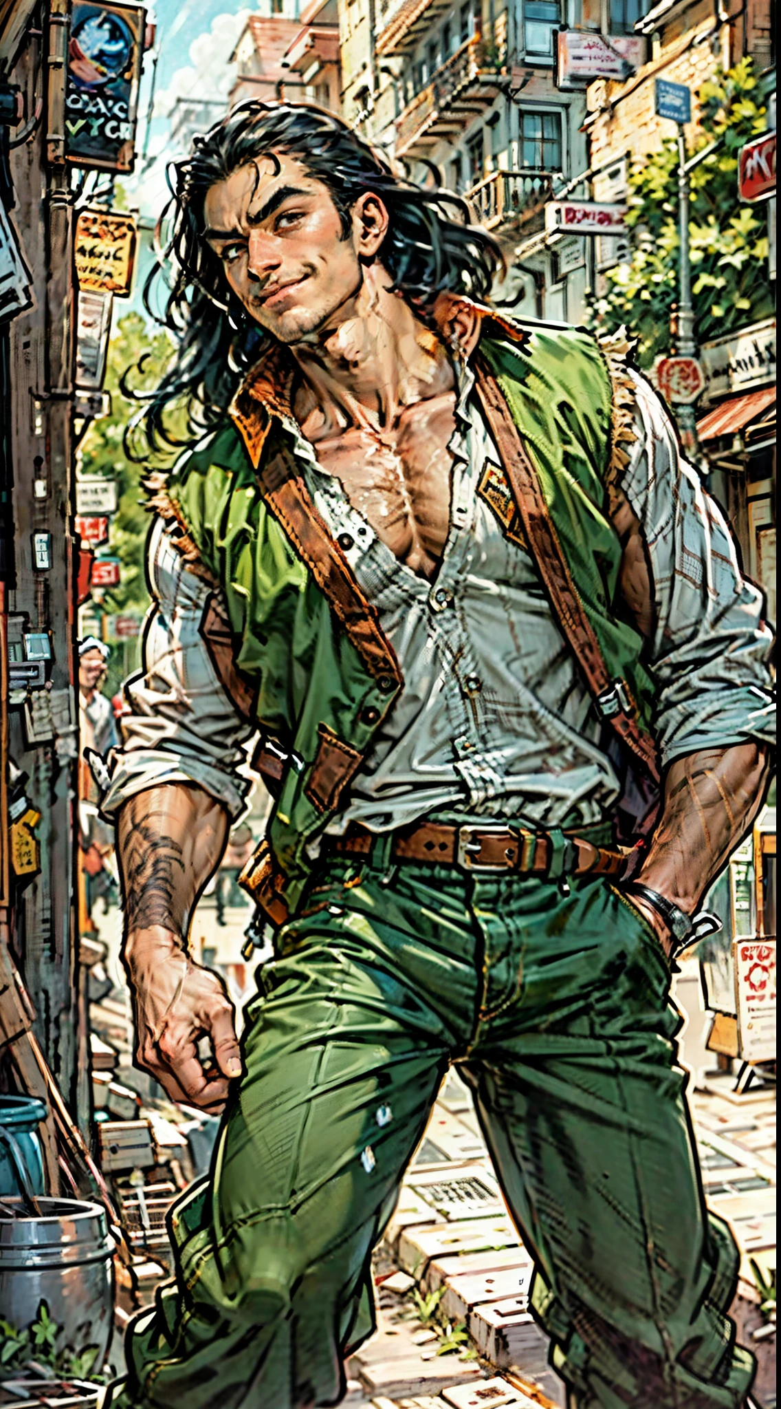 A young man, long black hair, a cheerful smile, thick and arched eyebrows, squinted eyes, brown skin, a sturdy physique, an open plain brown vest, revealing his muscular body, his right hand rests on the back of his head, a loose utility pants, the background depicts a lively fantasy-style street, this character embodies a finely crafted fantasy-style worker in anime style, exquisite and mature manga art style, high definition, best quality, highres, ultra-detailed, ultra-fine painting, extremely delicate, professional, anatomically correct, symmetrical face, extremely detailed eyes and face, high quality eyes, creativity, RAW photo, UHD, 8k, Natural light, cinematic lighting, masterpiece-anatomy-perfect, masterpiece:1.5