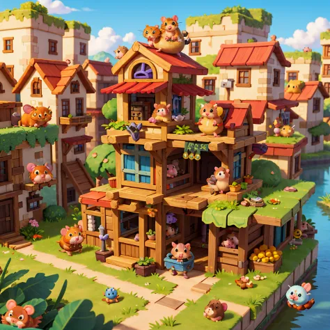 best quality, highres, (Hamster Adventurer:1.5), miniature ruins, messy city, Isometric, cartoon style, sandbox game style, supe...