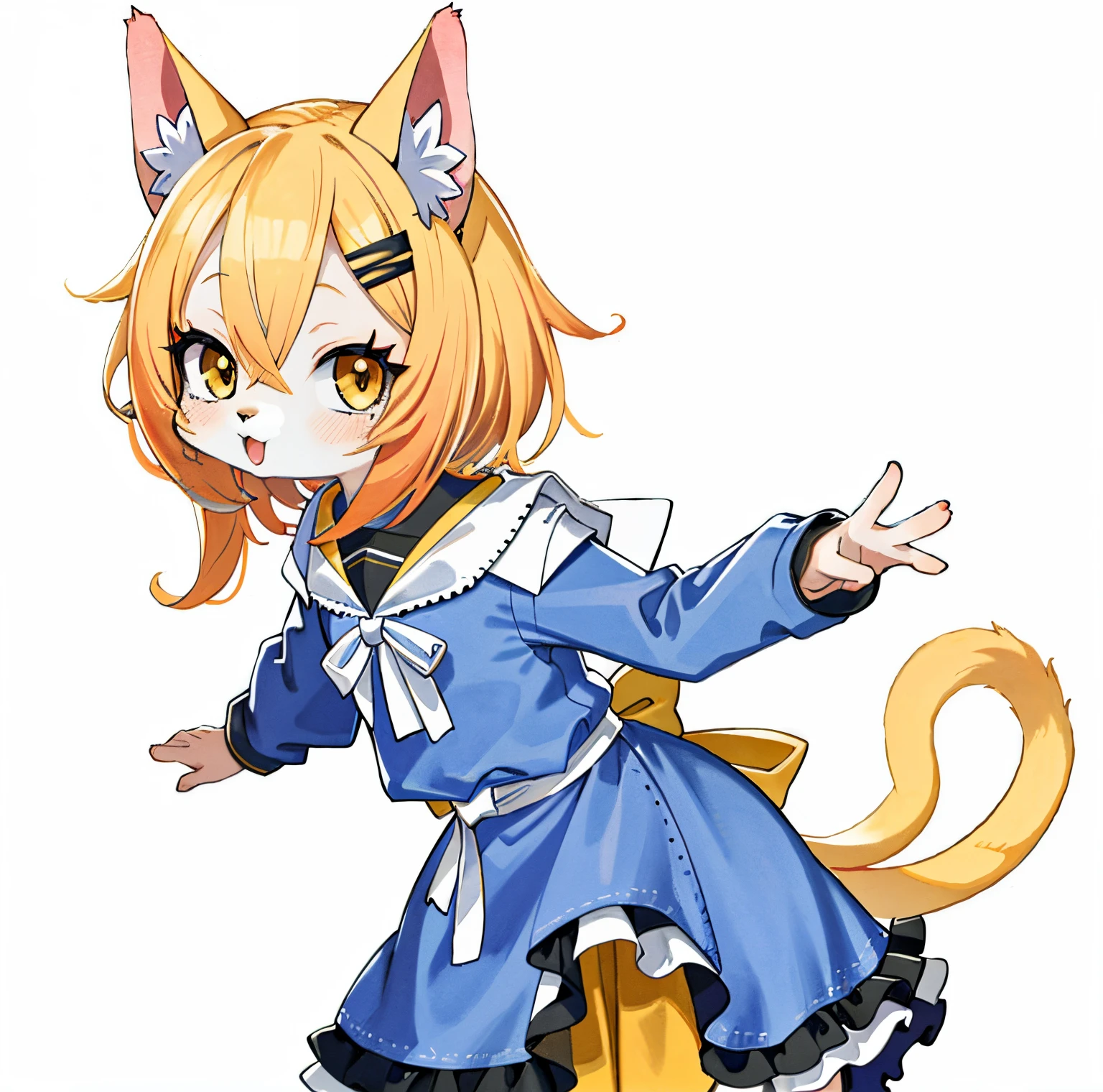 Anime character of a cat girl in a blue dress and a cat tail - SeaArt AI