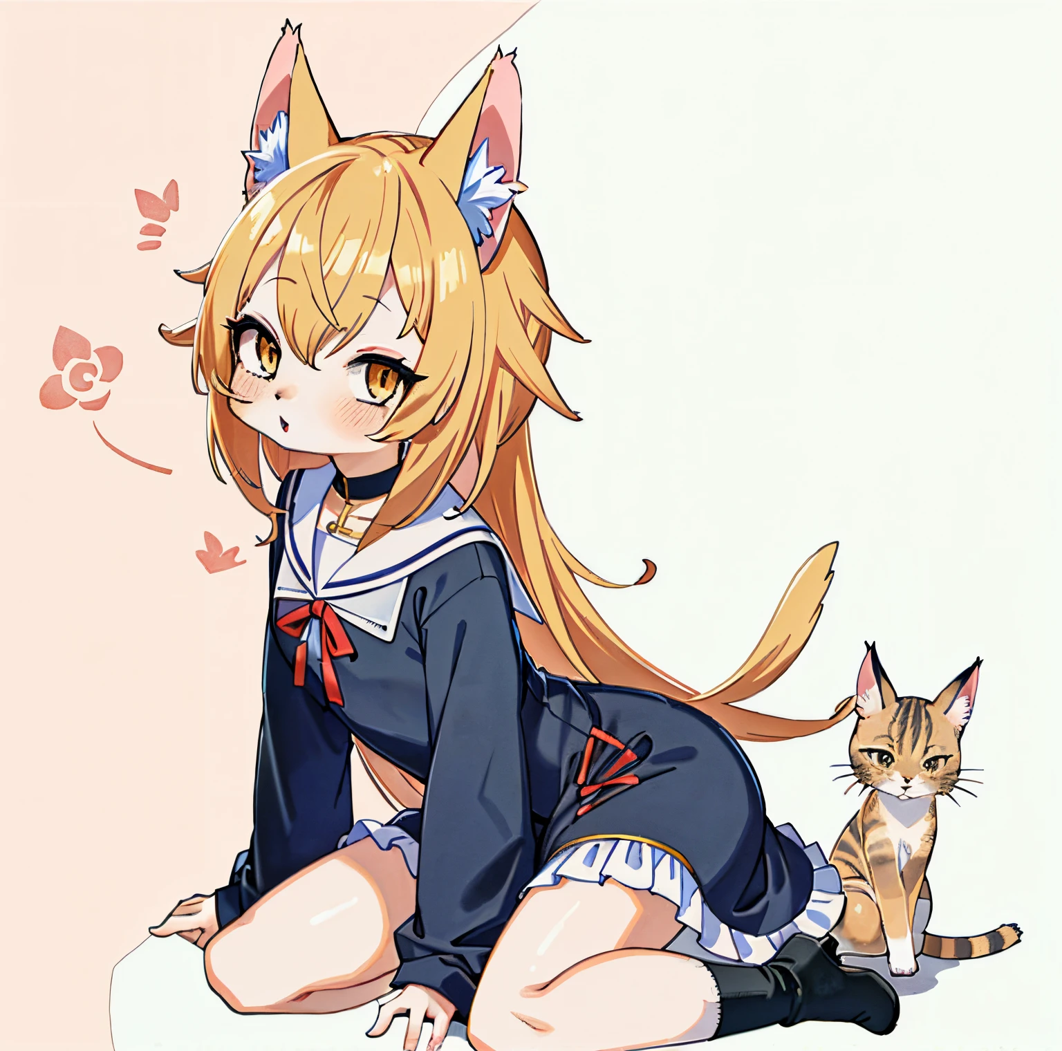 Anime girl with cat ears sitting on the ground with a cat - SeaArt AI