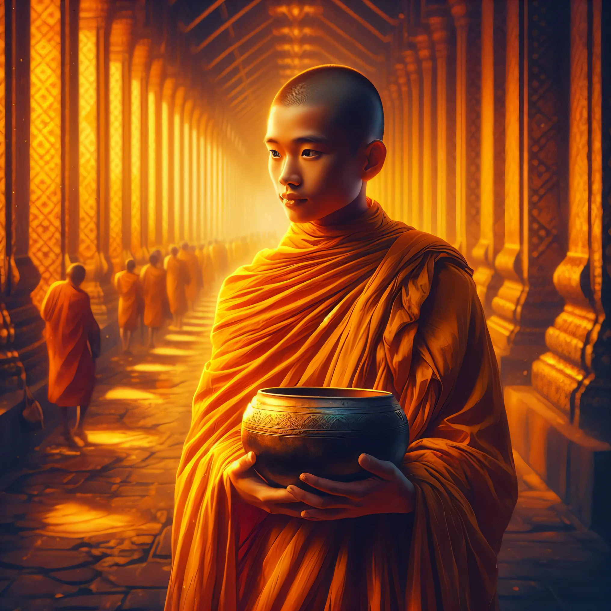 arafed พระภิกษุ holding a bowl in a corridor with other พระภิกษุs, ชาวพุทธ พระภิกษุ, portrait of พระภิกษุ, พระภิกษุ meditate, ชาวพุทธ พระภิกษุ meditating, พระภิกษุ, concept art of a พระภิกษุ, 2 1 st century พระภิกษุ, โดย จอห์น ลา กัตตา, บนเส้นทางแห่งการตรัสรู้, พระภิกษุ clothes, ชาวพุทธ, full body picture of a male พระภิกษุ, พุทธศาสนา