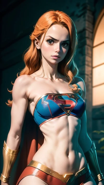 Foto corpo inteiro, Mulher bonita cabelo curto corpo definido seios grandes, vestindo cosplay de Supergirl, cabelo laranja, heroic pose