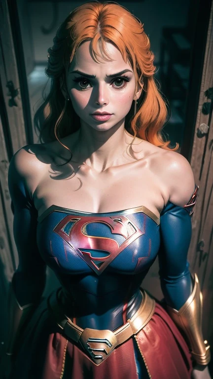 Foto corpo inteiro, Mulher bonita cabelo curto corpo definido seios grandes, vestindo cosplay de Supergirl, cabelo laranja, heroic pose