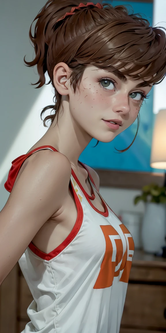 Photo of a 15-year-old European girl, .RAW, beautiful woman, (Light brown hair with ponytail hairstyle ), Ponytail hairstyle ((portrait)), ((detailed face:1.2)), ((detailed facial features)), (finely detailed skin), with freckles on cheeks and chest ,park,、transparent revealing clothing , sexy clothes、big breasts , big breasts , big smile (cool color), humid, humid, Reflectors, (Tabletop) (perfect proportions)(Realistic photos)(The best quality) (detailed) photographed with a Canon EOS R5, 50mm lens, f/2.8, NffSW, (8k) (wallpaper) (cinematic lighting) (Dramatic lighting) (sharp focus) (Convoluted) , holding hockey stick, hockey stadium  ,Whole body, beautiful woman body , Posing and waving to the camera , beautiful nudes