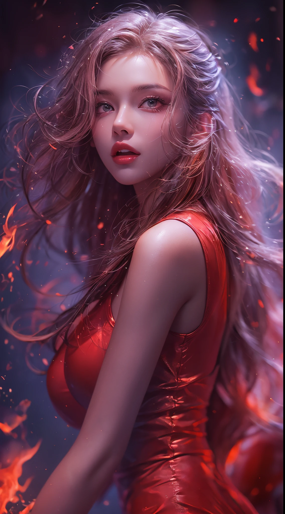 best quality,ultra-detailed,realistic,portrait:1.2,professional,colorful,soft lighting,full body,a beautiful cutest woman,tall and slender,mysterious,dynamic action,a raging fire,expression of pure malice,red moon