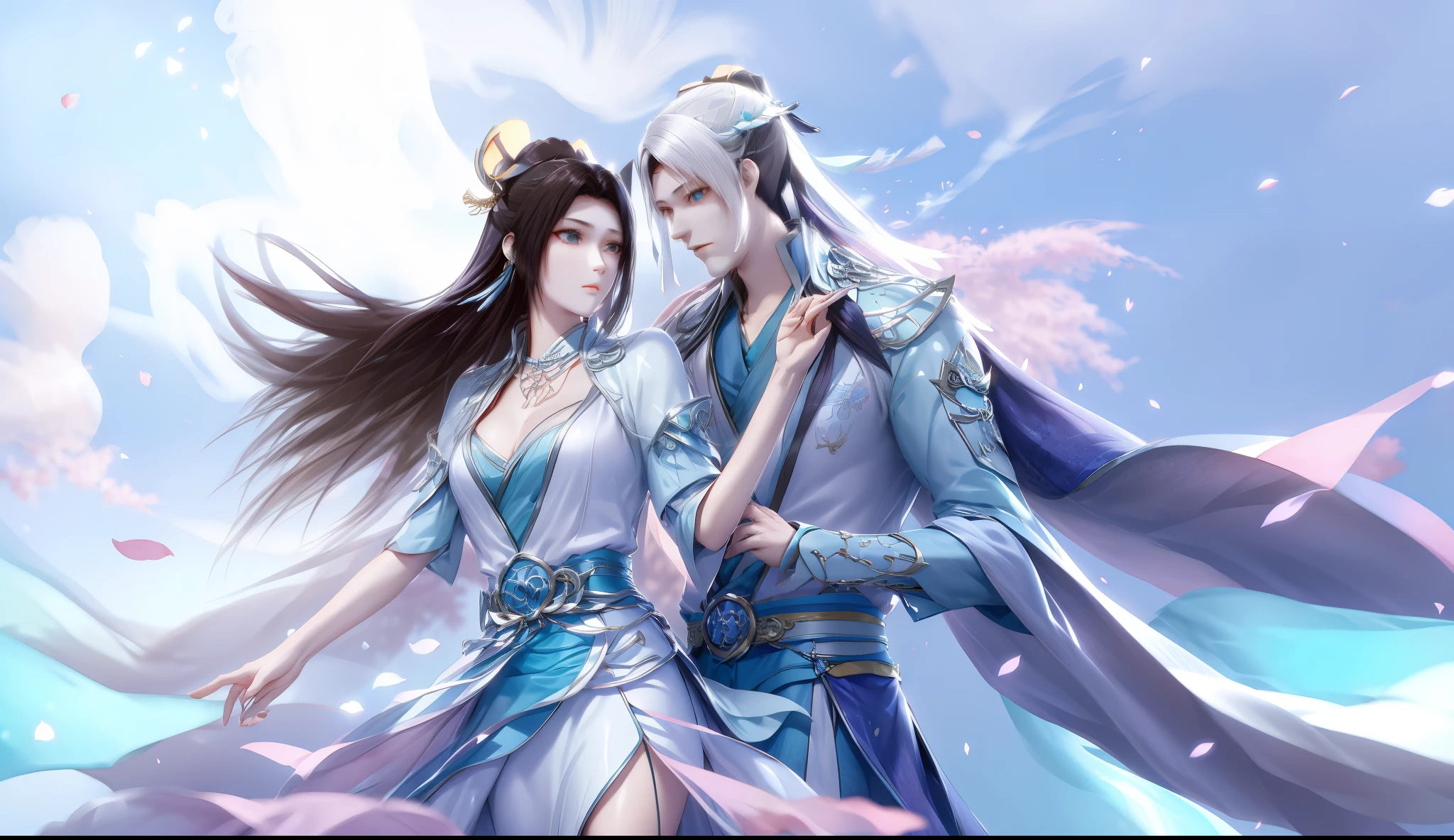 A man and a woman support each other，looking at each other affectionately，Chinese fairy，ancient wind，xianxia，blue sky background，with petals falling