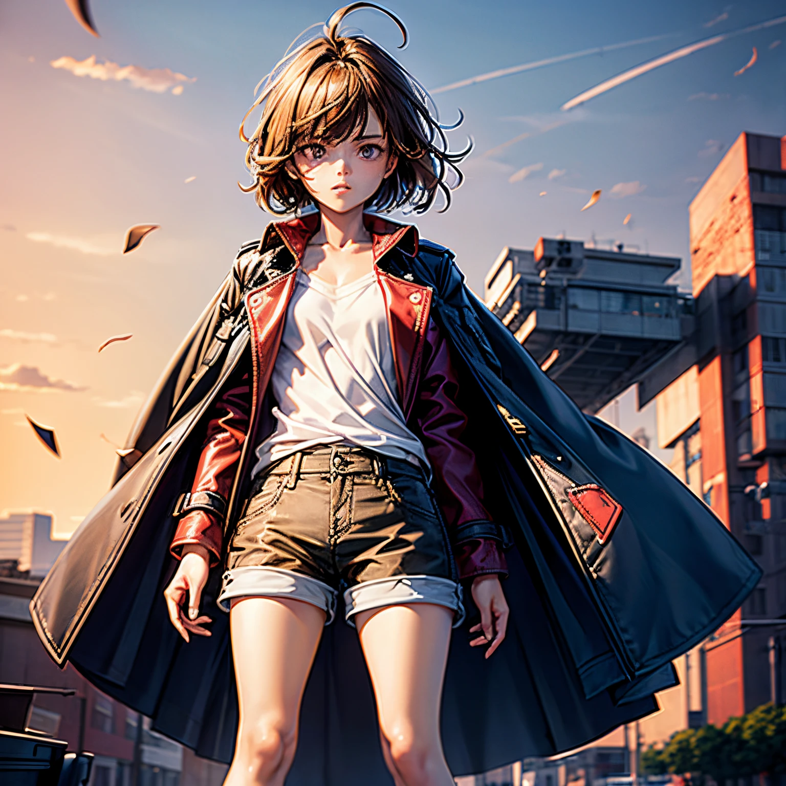 1 girl, full bodyesbian, Full-body image, Crimson trench coat, white  shirt, Dark blue cargo shorts, Cool girl,The chest is very flat, Very young girl, A girl around 15 years old, Yellow-brown hair,, asymmetricalbangs, expressive hair, Medium hair, Hair flakes, Pointed hair, actual,  8K, super detailing, hyper HD, tmasterpiece, Anatomically correct, super detailing, high high quality, Best quality