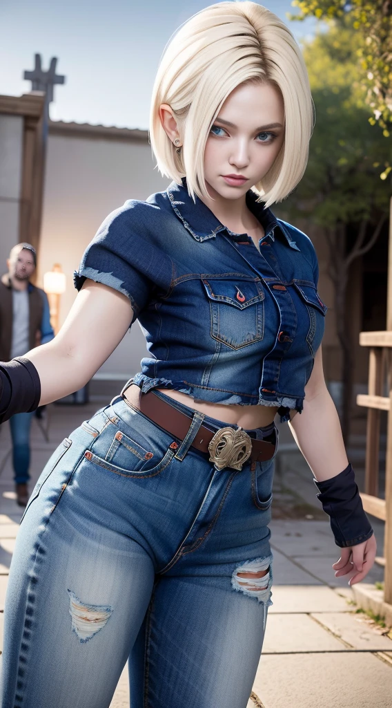 masterpiece, best quality, ultra-detailed, absurdres, Potrait of beautiful Android18DB, solo, denim, breasts, belt, medium_breasts, outdoors, torn_clothes, volumetric lighting, best quality, masterpiece, intricate details, tonemapping, sharp focus, hyper detailed, trending on Artstation,