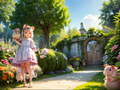 (​masterpiece), realistic, fractal art, (((hamster adventurers))), walk around the garden flower bed, ((with a 2yo girl))