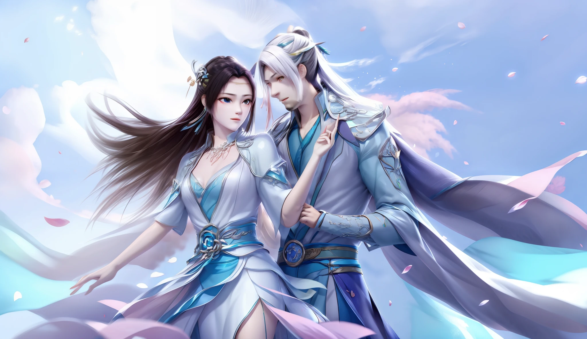 A man and a woman support each other，looking at each other affectionately，Chinese fairy，ancient wind，xianxia，blue sky background，with petals falling