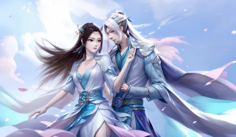 A man and a woman support each other，looking at each other affectionately，Chinese fairy，ancient wind，xianxia，blue sky background...