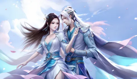 a man and a woman support each other，looking at each other affectionately，chinese fairy，ancient wind，xianxia，blue sky background...