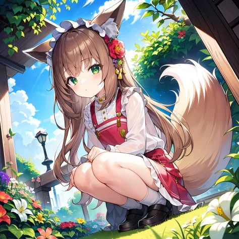 (tmasterpiece, Best quality, A high resolution), 1 girl, Alone, Oversized fox tail，Green-eyed，(Long brown hair)，Small flower hea...